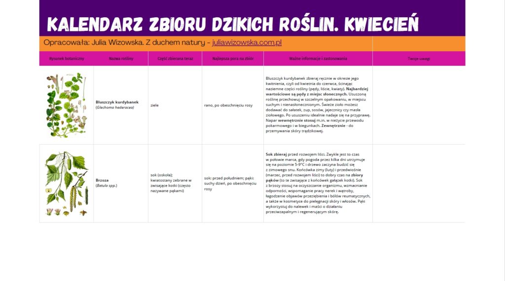 kalendarz zbioru roślin kwiecień